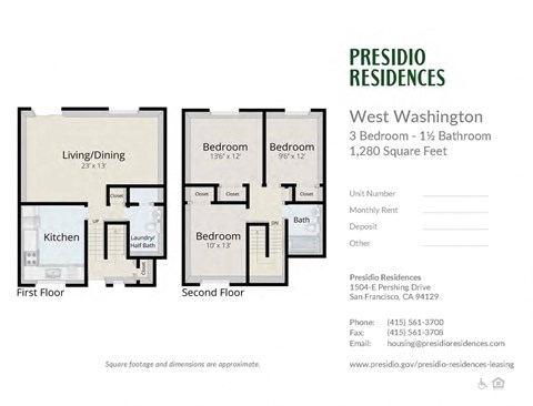 Floor plan for 3 beds, 1.5 baths, 1280 sqft